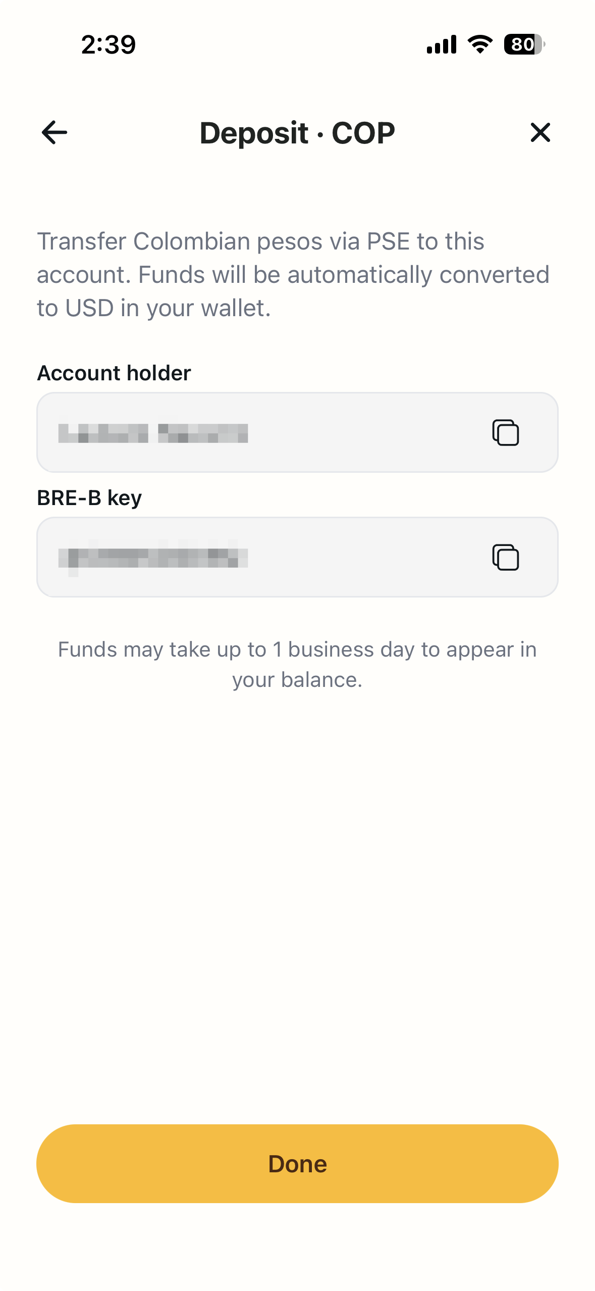 CacaoCash Deposit COP screen showing the account holder and BRE-B key fields with copy buttons