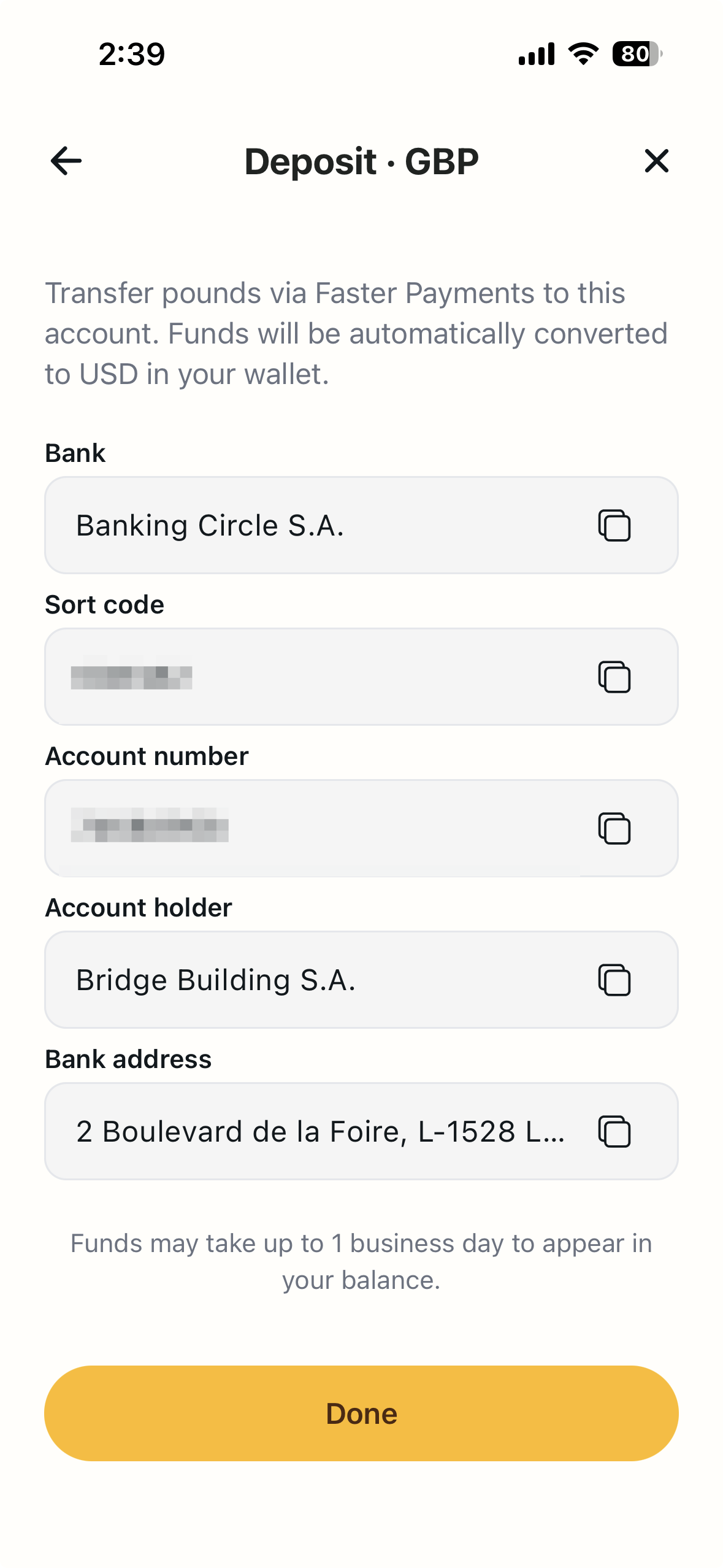 CacaoCash Deposit GBP screen showing bank, sort code, account number, account holder Bridge Building S.A. and bank address fields